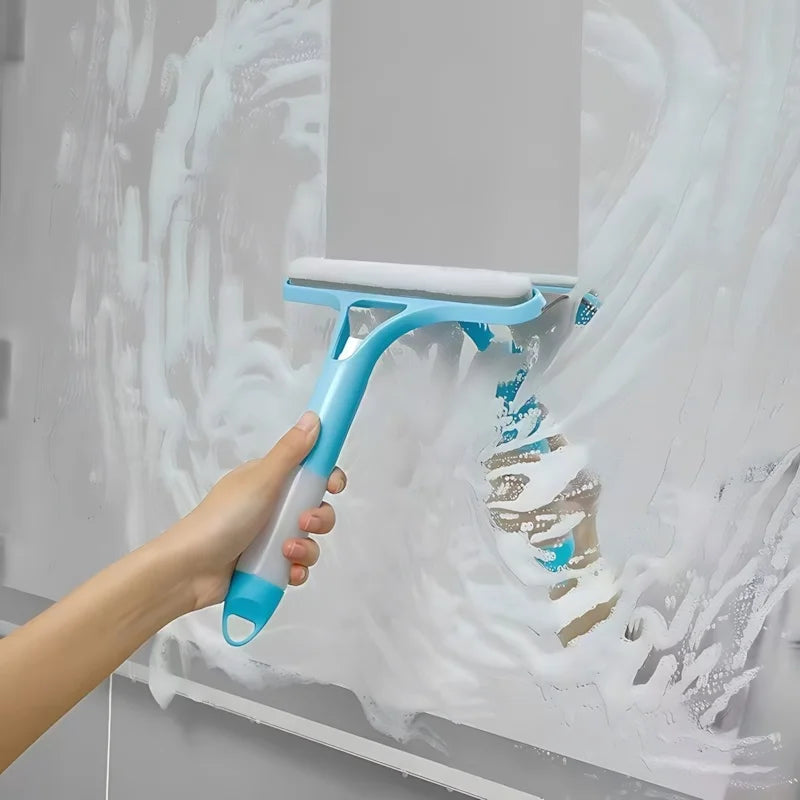 3-in-1 Window Cleaning Kit - Dual-Sided Glass Scrubber with Squeegee & Spray Bottle for Mirrors, Shower Doors, No-Streak (Blue/B